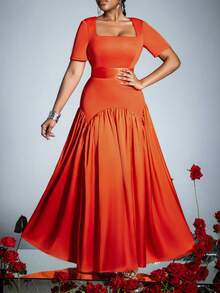 Women's Elegant Orange Square Neck Short Sleeve Long Knit Cocktail Dress With Flared Hem And Zipper Detail - Orange - View 1