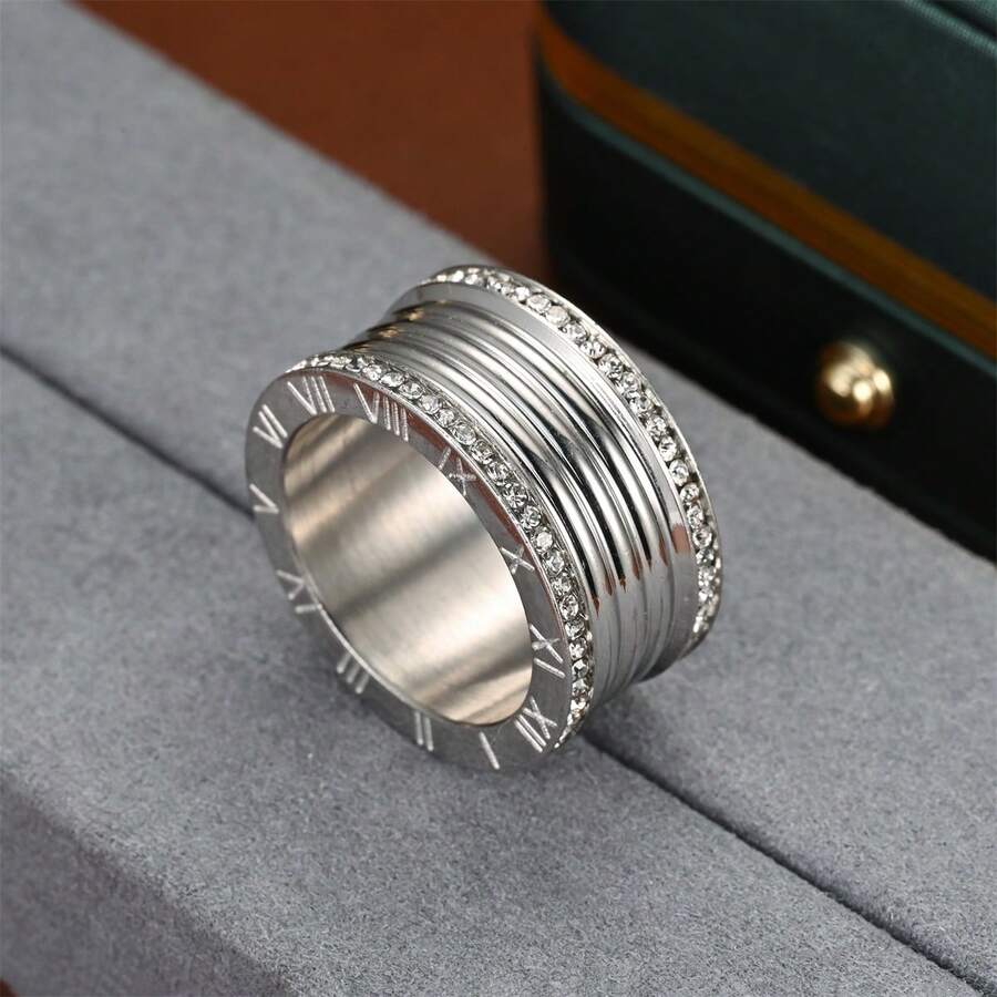 1pc Men's Fashion Bold Wide Roman Numeral Rhinestone Ring, Crafted Design, Suitable As Gift For Loved Ones & Friends, Daily Wear