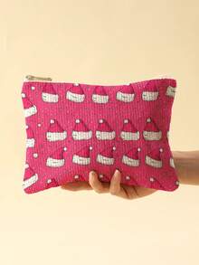 Bolsa de maquillaje multifuncional con estampado de elementos navideños impreso por ambos lados - Bolsa de almacenamiento con cremallera para artículos de tocador portátiles, adecuada para niñas, damas, cosméticos y artículos de viaje esenciales