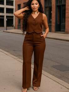 Women's Tailored Set, V-Neck Vest And Elegant Pants, Casual Fashion Blogger - Rust Brown - View 9