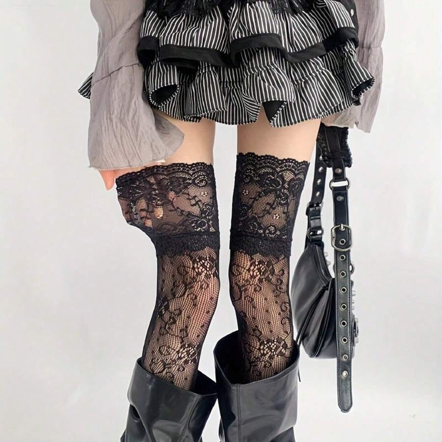 1 Pair Of Elegant Gothic Lace Over-The-Knee (OTK) Fishing Net Socks For Ladies - Transparent Pantyhose With Ruffles And Striped Patterns, Comfortable Support Design, Suitable For Casual, Party And Daily Wear - Sexy Statement Leg Accessories With Lace Details, Hand Wash Or Dry Clean, Spring And Summer Season Multi-Functional For Home, Outdoor And Party Use (Black/White) - Suitable For Theme Events And Daily Use, Sexy Stockings For Women - 黑色 - 查看 1