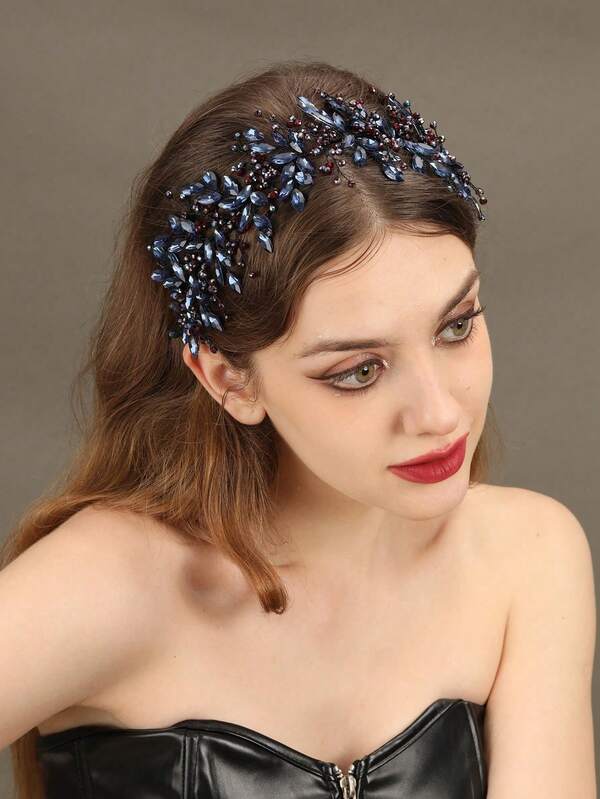 1pc Elegant Navy Blue Crystal Handmade Woven Headband Hair Accessory, Bridal Wedding Headpiece, Women's Princess Ball Party Decoration