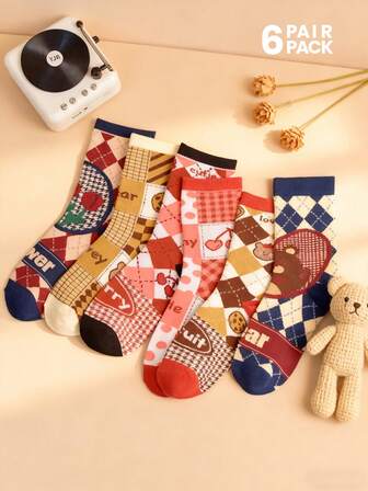 6 Pairs Women's Cute Cartoon & Geometric Pattern Socks, Fashionable Mid-Calf Socks, Korean/Japanese Style, Versatile For Autumn/Winter
