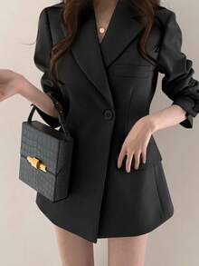 Blazer para mujer Blazer elegante y versátil de cintura alta, chaqueta informal de corte holgado para el trabajo. - Negro - Ver 2