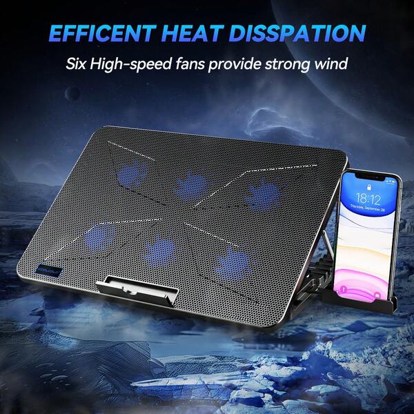 COOLCOLD Ultra Slim Laptop Cooling Pad - 6 Quiet LED Fans For Efficient Cooling, Adjustable Fan Speed, USB Powered, Portable Design For 13-17 Inch Laptops, Ideal For Gaming And Everyday Use,With Mobile Phone Holder