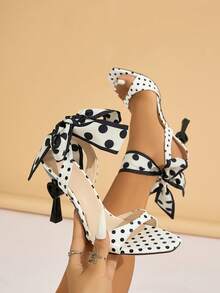 Women's High Heels, Suitable For Parties, Outdoor, Travel, Stage Shows, Black Heart-Shaped Stiletto Heel, Square Toe, Backless Mule, Strap , Polka Dot Scarf Leg Tie, Sexy & Fashionable, High-Quality Polka Dot Mirror Material, Comfortable & Elegant, Versatile White High Heel Sandals - White - View 16