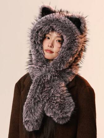 1pc Women's Hat, Faux Fur Fox Ear Design Plush Novelty Hat, Cute Casual Fashion Lightweight Versatile Earflap Beanie, High Quality All-In-One Hat For Autumn/Winter Outdoor Sports Commuting Travel, Warm And Comfortable