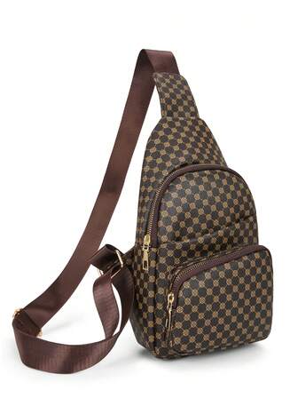 时尚女士PU豹纹斜挎包，多口袋胸包，适合旅行、商务场合，经典女士胸包，配金色配件，防水耐用PU材质