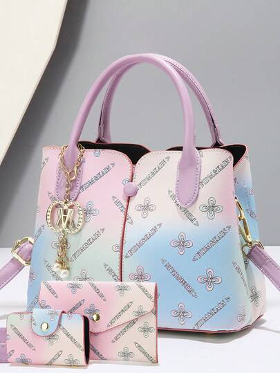 Women's Fashion Bag Set - Elegant Geometric Print, Faux Leather Tote With Crossbody & Clutch Wallet