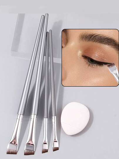 4pcs Precision Eyeliner Brush, Angled Eyebrow Brush, Concealer Brush, Mini Makeup Sponge Applicator