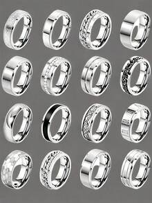 16pcs Men's Silver Rings, Unisex Minimalist Stainless Steel Wedding Engagement Promise Ring Set, Christmas Gift - 16 Men's Rings - View 7