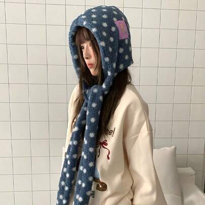 波点甜美毛绒帽，韩版ins风女士冬季帽子围巾二合一，百搭实用，大头围，美白装饰，情人节礼物