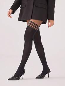 1 buc. dresuri pentru femei 30D, cu dungi argintii, până la coapsă, tip faux, confortabile - Negru - Vizualizare 7