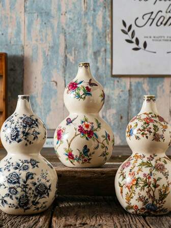 1pc New Chinese Style Gourd-Shaped Ceramic Vase, 2025 New Design, Ice Crackle Glaze, Butterfly And Flower Pattern, Blue And White Porcelain Pattern, Suitable For Home, Wine Cabinet, Office, And Living Room Decoration, A Retro-Artistic Niche Light Luxury Best-Selling Style.(Do Not Add Water)