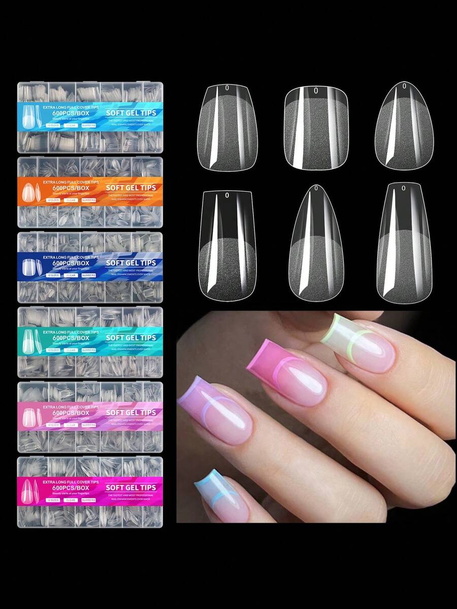 600Pcs Full Cover Press On Nail Tips Stiletto Almond Square Coffin French False Fake Soak Off Gel Nail Extension Tips Capsule Diy Press On Nails Nail Supplies Nails, Suitable For Beginners, Holiday DIY, Nail Salon Use - 彩色 - 查看 1