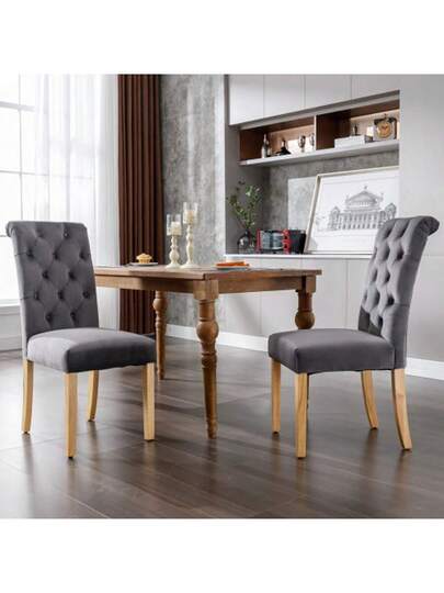 Samt Esszimmerstühle 2er Set Mit Eichenbeinen, Knopf, Chromklopfer Schlafzimmerstuhl Küchenstuhl Wohnzimmer Lounge Freizeitstuhl, Grau view 5