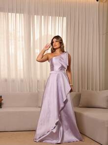 One-Shoulder Long Dress With Structured Bow – Unparalleled Elegance For Parties And Timeless Celebrations* - Lilac Purple - View 1