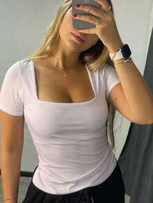 Set Of 3 Basic Blouses In Spandex With Square Neckline And Short Sleeves (Lined) - Đỏ/Trắng/Xanh quân đội - Xem 4