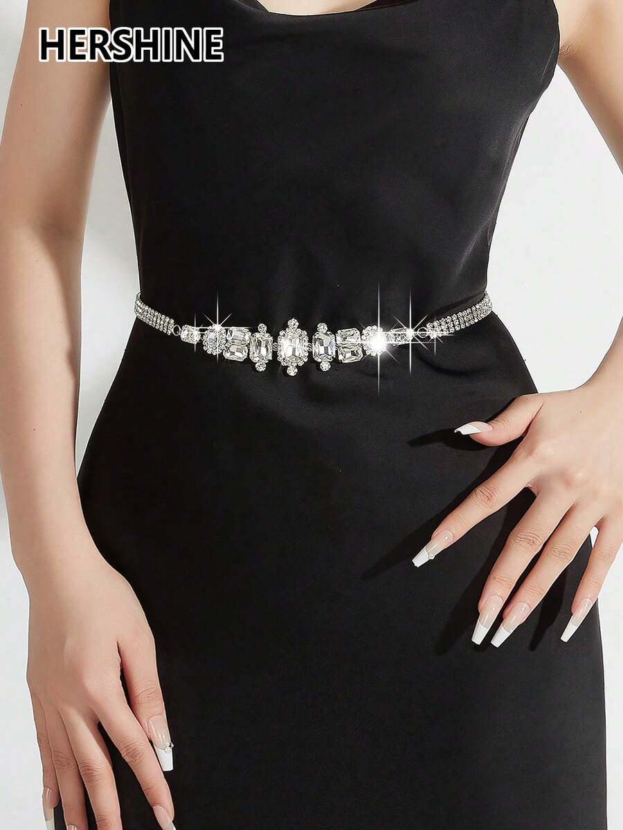 1件装女士闪亮水晶装饰腰链，奢华优雅风格，可作腰带，百搭连衣裙，适合休闲通勤、派对、度假、盛会等场合，也是送给朋友、母亲、家人、女友的礼物，适合生日、圣诞节、感恩节、情人节等各种场合。 - 銀色 - 查看 1