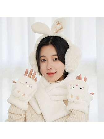 Juego de 3 piezas para mujer: guantes, bufanda y orejeras, guantes de felpa cálidos, bufanda y orejeras en un set de 3 piezas, orejeras versátiles y de moda para exteriores, forradas térmicamente, adecuadas para la vida diaria