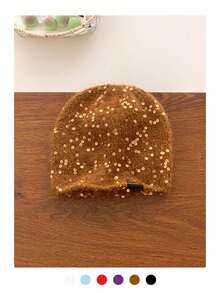 秋冬混纺亮片装饰针织帽，女士款，提升气质，修饰脸型，百搭时尚，马海毛针织帽，保暖针织帽，闪亮亮片，新款加厚保暖护耳针织帽 - 亮片黑標拉毛 - 查看 10