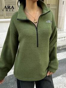 ARA CHIC Women's Lime Green Half-Zip Fleece Stand-Collar Sweatshirt - High-Street Style, Loose Fit, Warm & Comfortable Top For Outdoor & Office Wear, New Style For Autumn & Winter