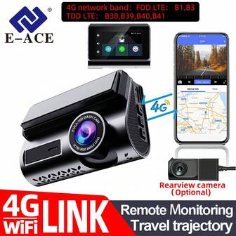 E-ACE 4G LTE 行车记录仪 2K，车载黑匣子，前后双摄，1440P+1080P，双镜头，内置 GPS，支持遥控，实时查看红外夜视车载安全视频记录仪（4G 网络频段：FDD LTE B1、B3；TDD LTE：B38、B39、B40、B41）