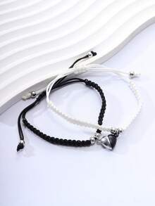 2pcs Handmade Magnetic Heart Shaped Adjustable Couple Bracelets, Ideal For Couples, Friends And Gift Giving Valentines,Mom,Mother,Mother's Day,Gift