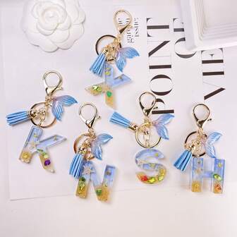 1pc New Tassel English Letter Crystal Epoxy Seashell Mermaid Pendant Keychain