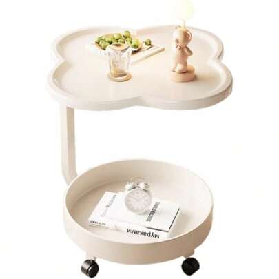 2 Tier Petal Side Table 360° Rotating Coffee Table Mobile Sofa Side Table Couch Side Table With Wheel Office Home Art Decor Suitable For Kitchen Living Room And Bedroom White