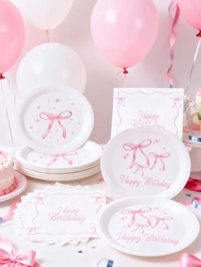 40pcs/Set Pink Bowknot Theme Party Tableware Set, Disposable Tableware For Pink Bow Party Decoration,Newborn Baby Party Dining Table Decor,Baby Shower Decoration Girl,Happy Birthday Party Supplies,Wedding Decoration, Disposable Paper Plates,Paper Cups,Paper Napkins,Gender Reveal Decoration,Baby Shower Party Decoration