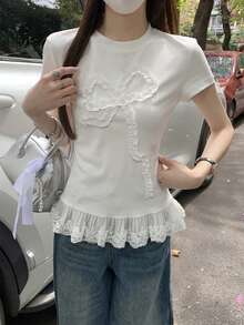 夏季韩版蕾丝边下摆蝴蝶结装饰T恤，青春百搭 - 白色 - 查看 6