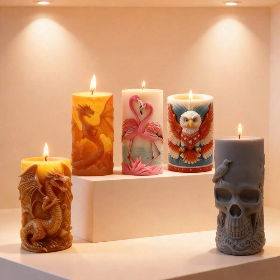 1个圆柱形工艺模具，用于制作蜡烛，带有龙、火烈鸟、鸟、骷髅图案