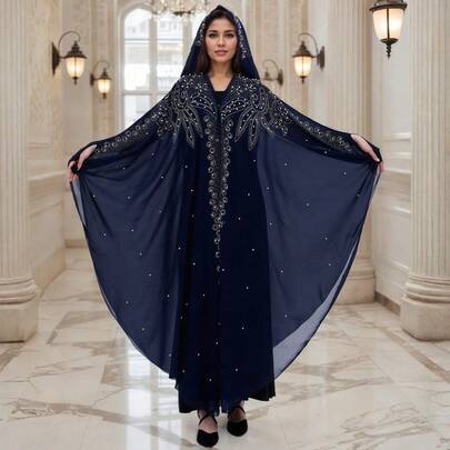 Solid Color Conservative Embroidered Pearl Beach Middle Eastern African Rhinestone Beaded Hooded Cloak Robe Dubai Abaya Robe