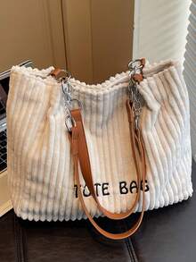 复古欧洲时尚灯芯绒材质字母印花女士优雅单肩托特包 - 白色 - 查看 6