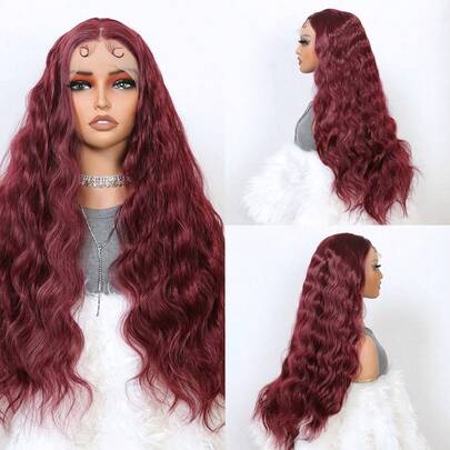 99J Red Burgundy Color Loose Wave 13X4 Lace Frontal Synthetic Wig For Preplucked Bleach Knots Cosplay Daily Party Heat Resistant Fiber Front Wig