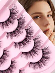 ENCHUW 5 Pairs Natural Lashes Fluffy False Eyelashes Curl Fake Eyelashes With Soft Band Eye Lashes Wispy Lashes 3D Volume Strip Lashes - Black - View 1