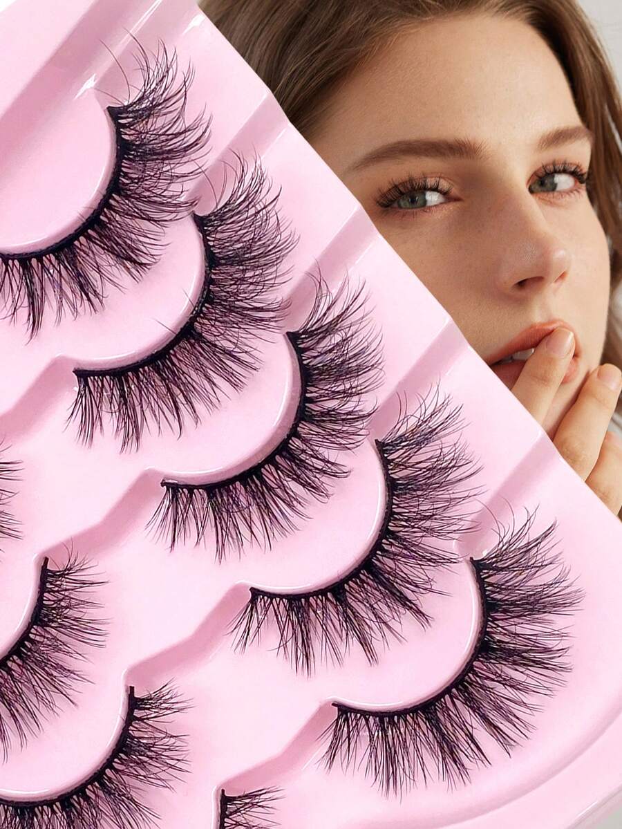 ENCHUW 5 Pairs Natural Lashes Fluffy False Eyelashes Curl Fake Eyelashes With Soft Band Eye Lashes Wispy Lashes 3D Volume Strip Lashes - Black - View 1