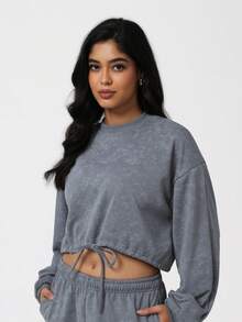 Sodalemon Women's Loose Fit Crew Neck Long Sleeve Workout Top, Drawstring Waist Casual Yoga Sweatshirt