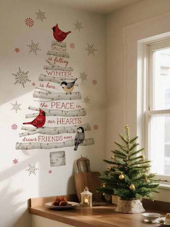 1pc 11.81x19.69 Inch Christmas Tree Wall Decal - Removable PVC Sticker With Bird & Snowflake Patterns, Inspirational Text, Semi-Matte Finish, Self-Adhesive, Ideal For Bedroom, Office & Holiday Decor, Christmas Decoration