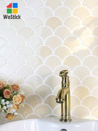 2/5/10Sheets(Thickened Design)Fish Scale Peel And Stick Backsplash Tile 12''x12''inch 3D Scallop Wall Tiles For Kitchen Bathroom(Apricot Color)