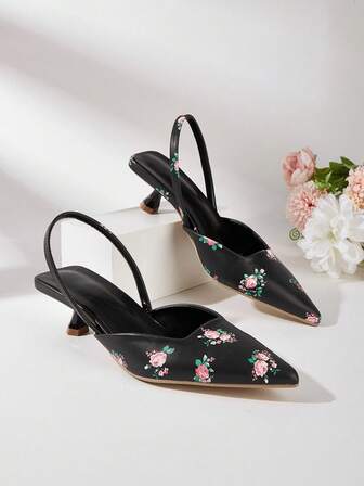 女士新款黑色花卉图案优雅舒适尖头无后跟高跟凉鞋，适合工作、通勤、购物（随机裁剪）