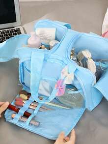 Fashionable Minimalist Makeup Bag, Women's Portable Large Capacity Compartment Dual-Zipper Toiletry Bag For Travel - Multicolor - View 4
