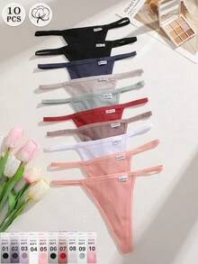 10PCS Cotton Rib-Knit Sexy Cute Basic  Low Rise Thong,Women's Underwear,Gift Boxed Ladies - 彩色 - 查看 1