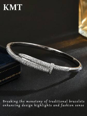 KMT 1件装时尚个性化钉形铜镶嵌立方氧化锆女士手链，优雅简约风格，适合日常佩戴，流行配饰