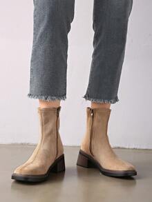Botas de tobillo Chelsea planas y retro para mujer, de tacón bajo, versátiles, con cremallera en la parte trasera, para primavera/otoño - Albaricoque - Ver 7