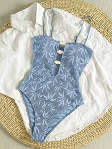 Bikinx Women's Summer Boho Vacation Halter Scooper Fabric One-Piece Swimsuit - Baby Blue - View 3