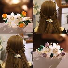 Graceful Alloy Hair Clip, Persimmon Flower And Purple Glass Floral Design, Cute Spring Clip Women's Accessory - Single Piece, Hair Ornament | Exquisite Style | Pearl Embellishment, Hair Accessory - Nghĩ đến hoa hồng và hoa cam - Xem 3