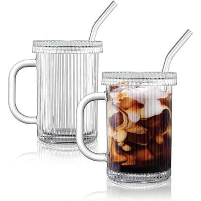 Set Of Two Glass Tumbler, With Straw And Lid, 13 Oz Glass Cups, With Handle And Cleaning Brush Drinks, Coffee