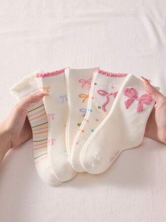 5 Pairs Of Striped Bow Children's Socks Suitable For Girls' Daily Wear/Suitable For All Seasons, Breathable, Comfortable